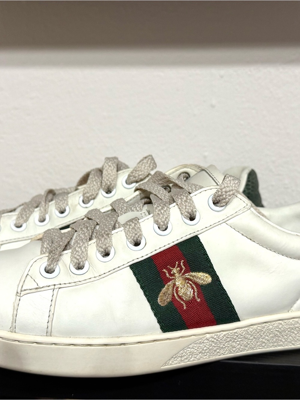 Gucci White Leather Sneakers with Green & Red Stripe and Gold Bee